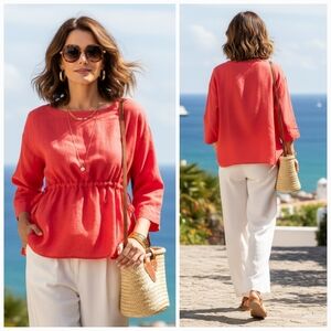 NWOT Eileen Fisher M Coral Barbie Lagenlook Resortwear Organic Linen Tunic Top